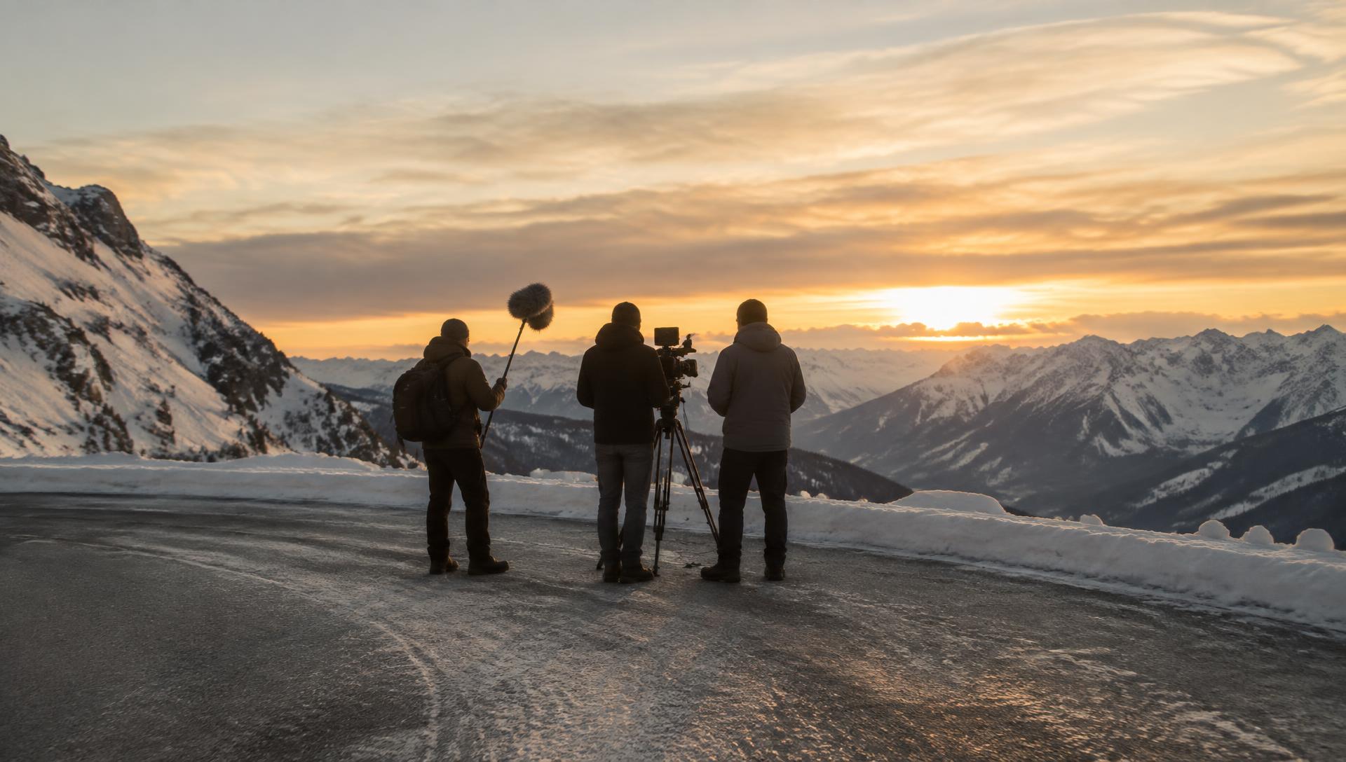 A small film crew filming at golden hour on an alpine road