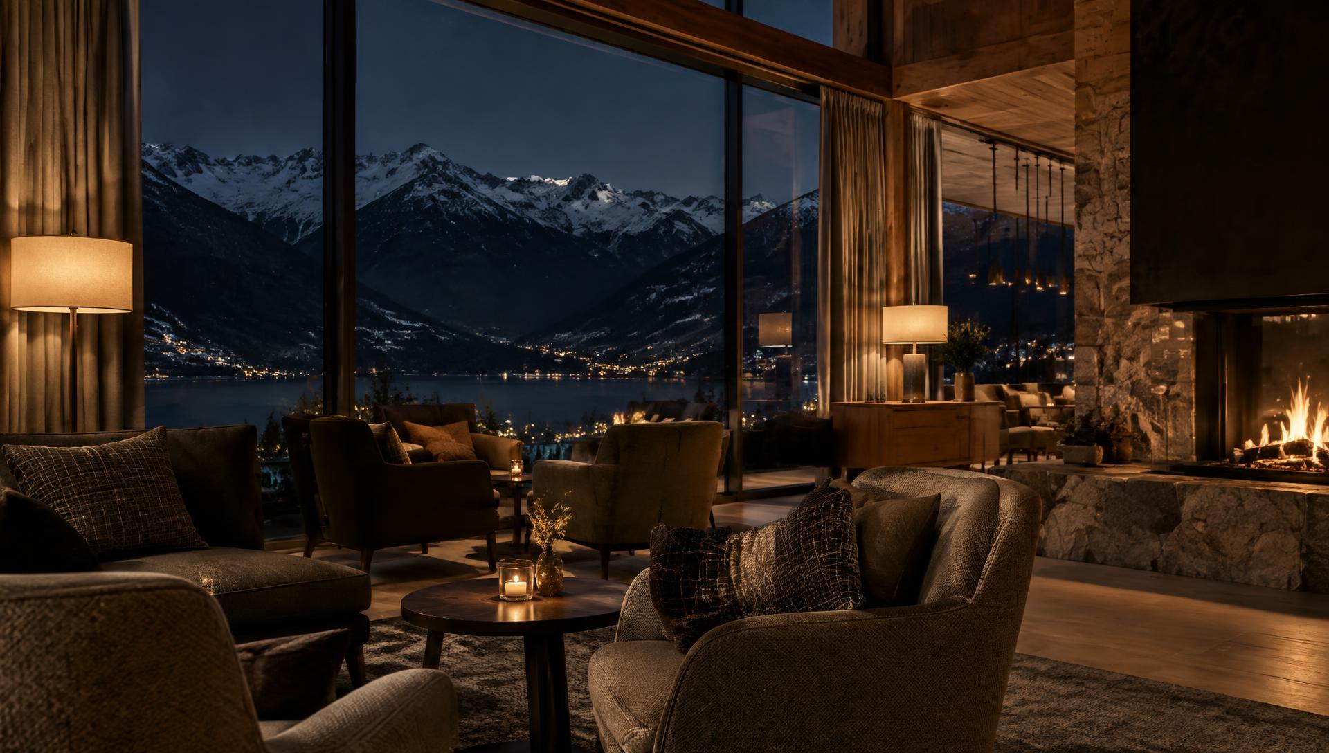 An alpine hotel lounge at night with mountains beyond the window